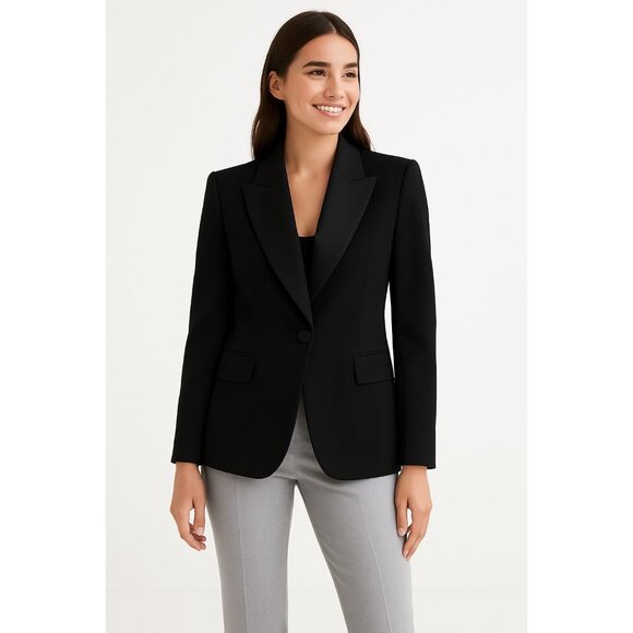 ZARA Small Jet Black Tuxedo Style Blazer Wool Blend Tailored Jacket One Button - Picture 2 of 15